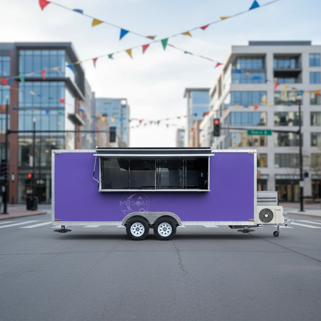 

Фиолетовый квадратный мобильный фудтрак с двумя осями, интерьером из нержавеющей стали, большим окном, вытяжкой и кондиционером для выездного обслуживания на открытом воздухе