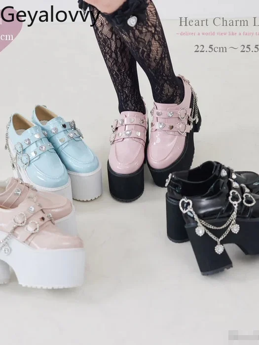 

Spring Autumn Japanese Lolita Style Rhinestone High Heel Pumps Heart Chain Thick Sole Platform Mass-Produced Women's Shoes
