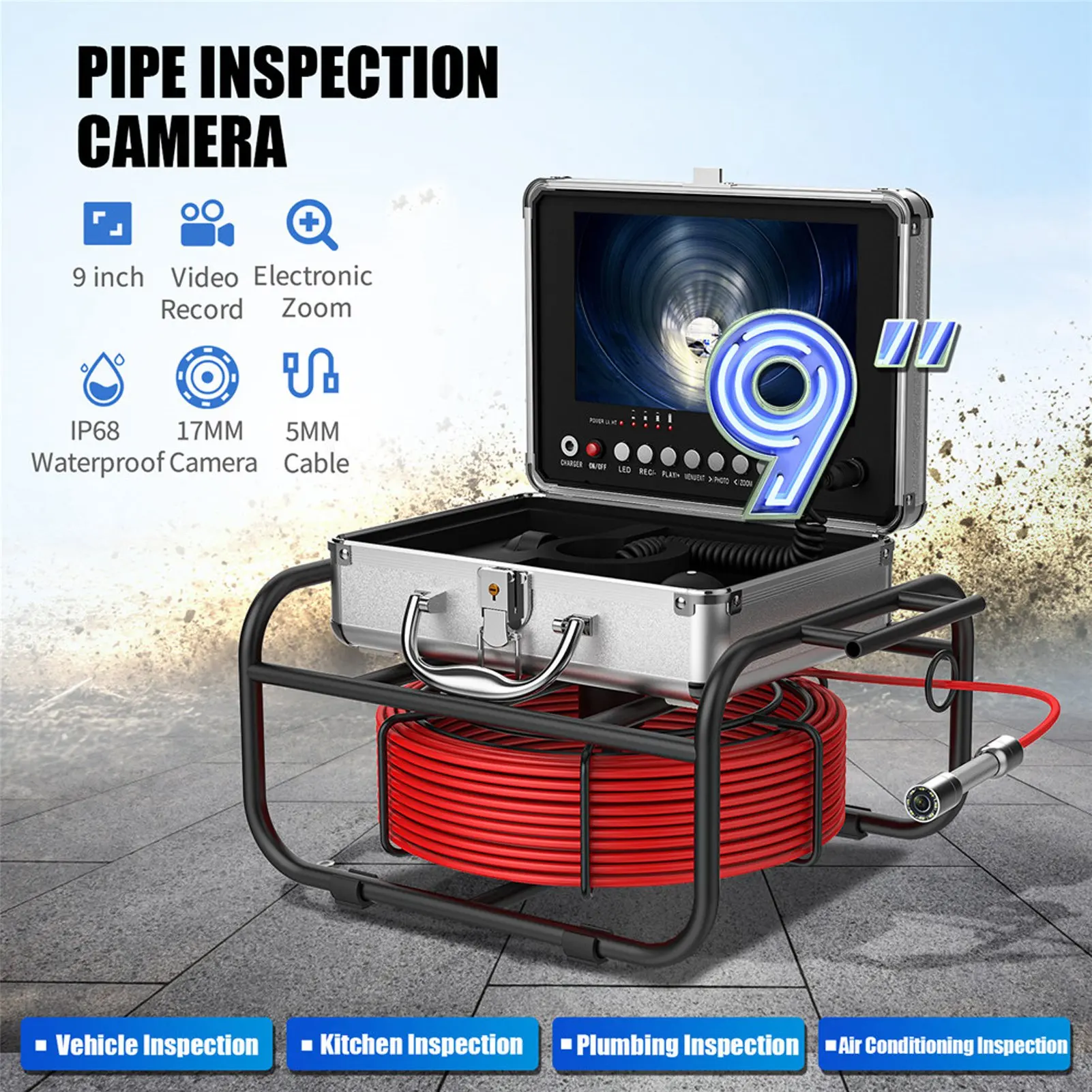 Pipe Endoscope Camera AHD 720P 8 Adjustable LED Light 9in LCD Display Sewer Camera 17mm Dia Sewer Camera Pipe Inspection Camera