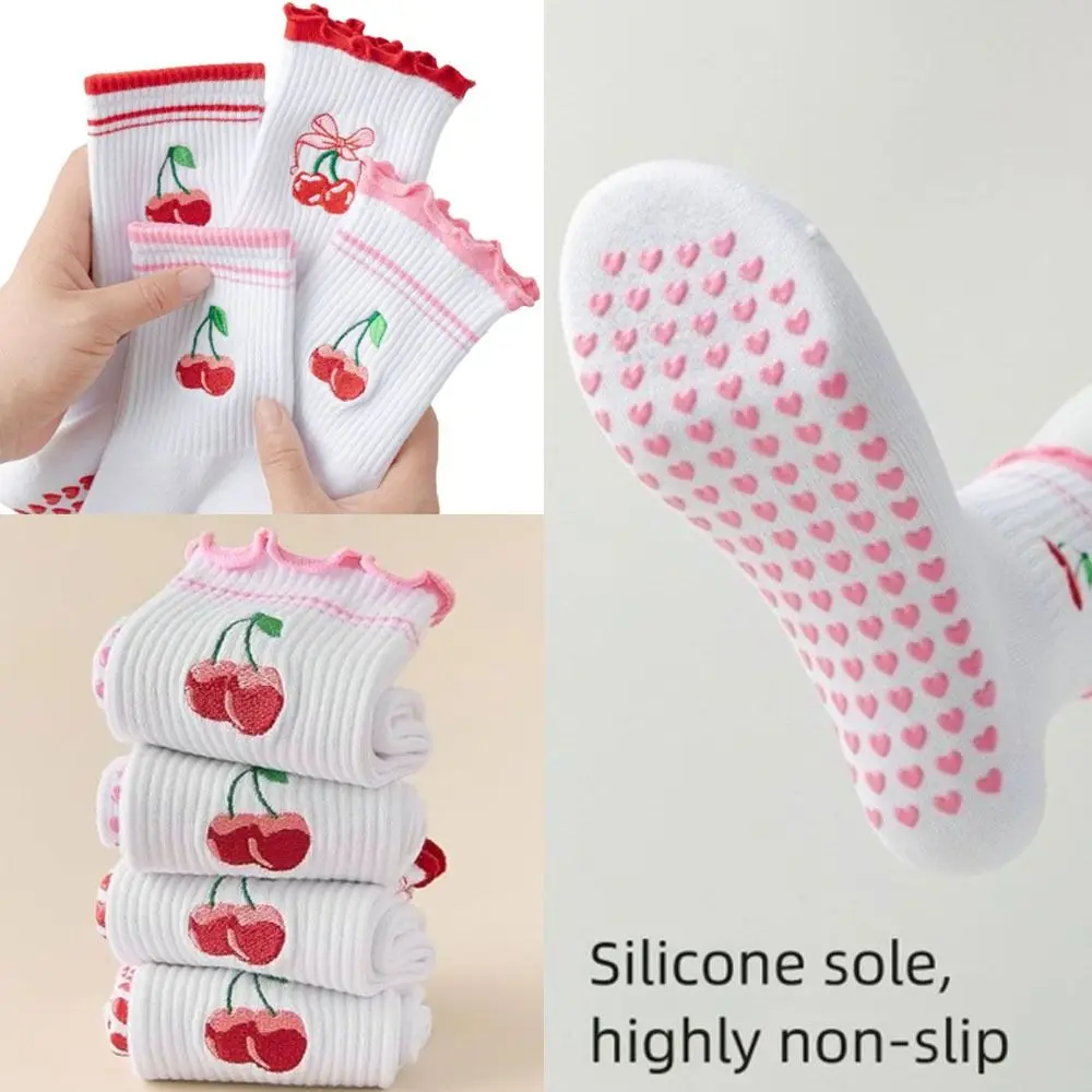 

New Pilates Socks with Grips for Women Cute Cherry Grip Socks Non Slip Cotton Ruffle Cuff Cherry Socks for Yoga Barre Ballet