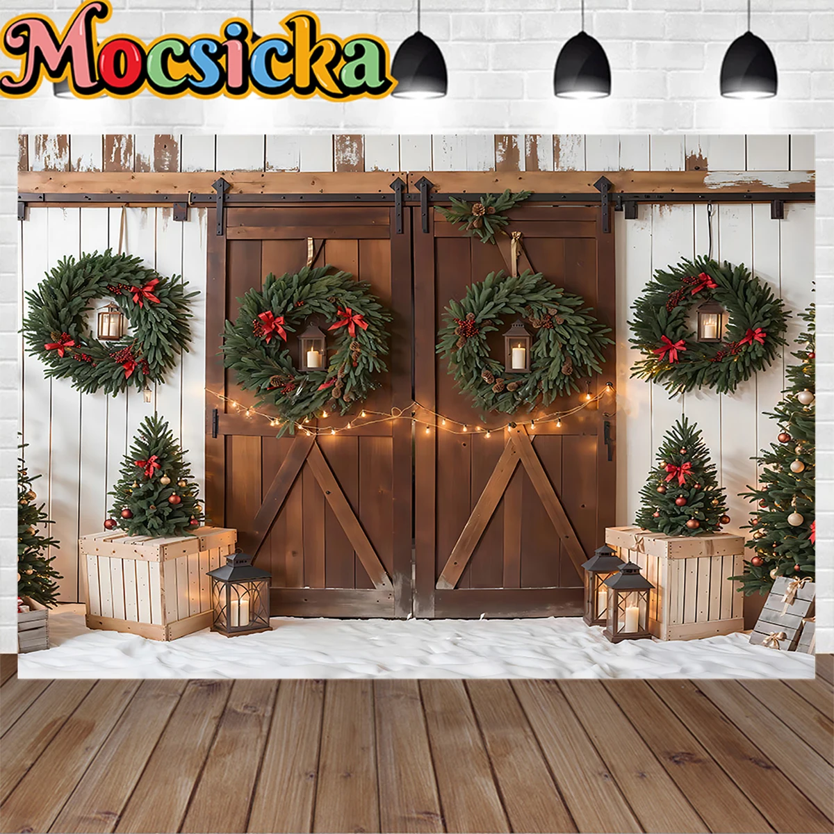 Wooden Barn Door Background Christmas Photography Green Xmas Tree Wreath Backdrop Kids Family Photo Studio Snowy Outdoor Decor