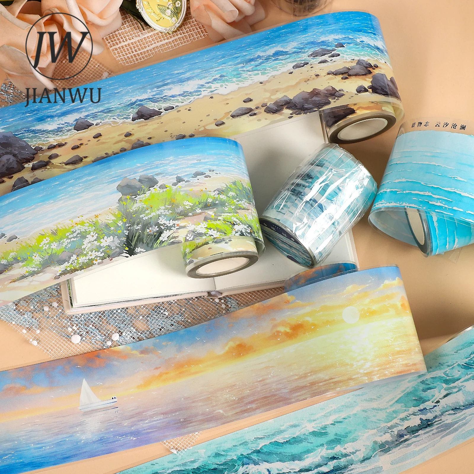 JIANWU Vintage Morze Plaża Zachód Słońca Krajobraz Materiałowy Kolaż Scrapbook Taśma PET Kreatywne DIY Dziennik Artykuły Papiernicze