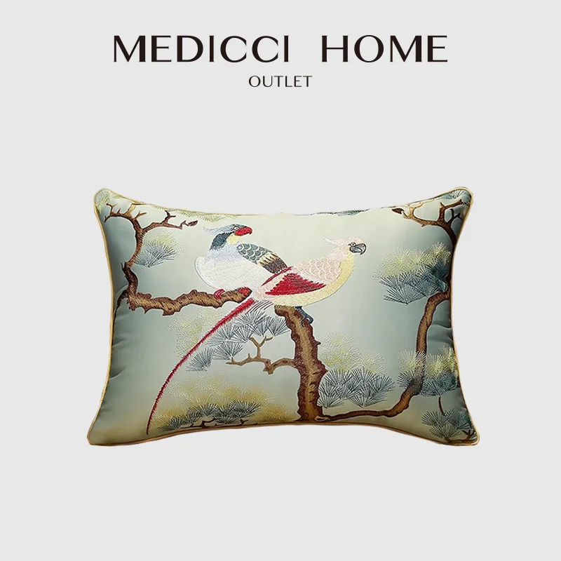 Medicci Home Chinoiserie Bird Embroidered Satin Reversible Pillow Cover  Light Blue Cushion Cases Luxurious Addition To Any Room