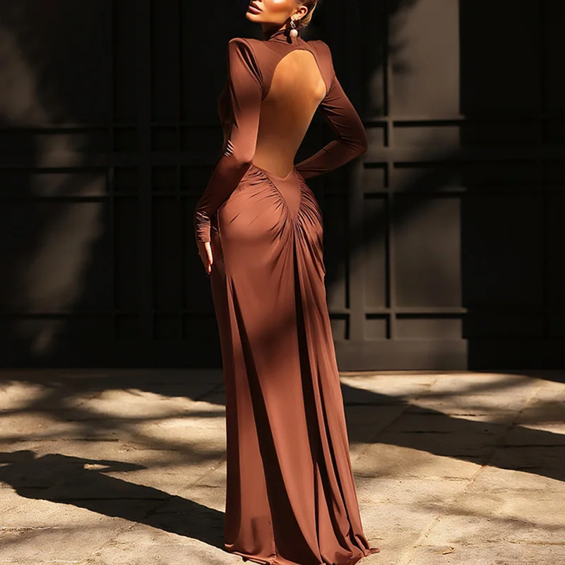 Spring Solid Hollow Boho Maxi Dress Autumn Long Sleeve Backless Slim Hips Dress Women Fashion Turtleneck Waist Draped Long Dress