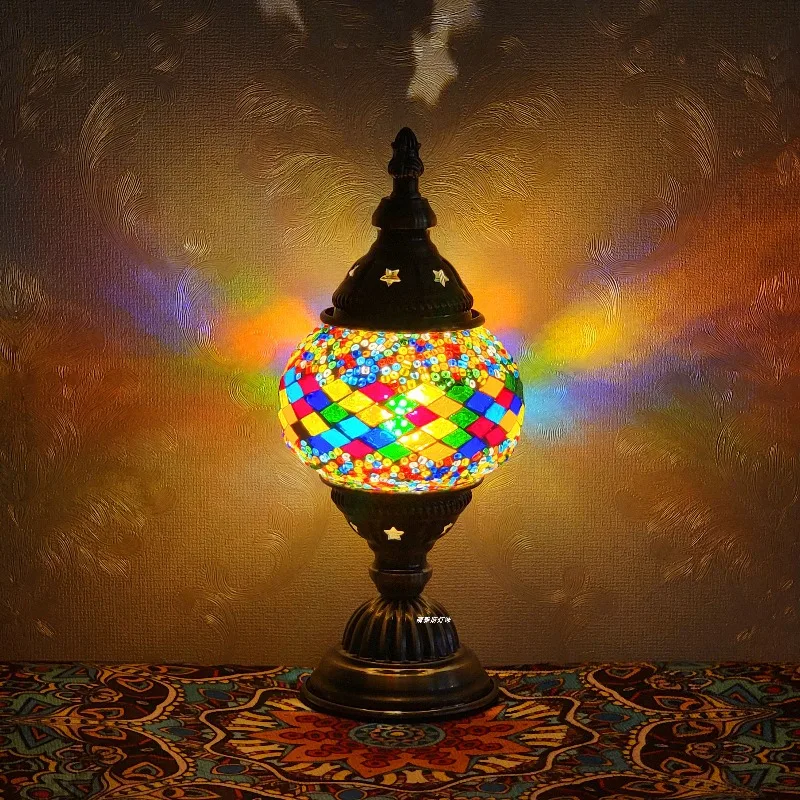 Turkish Mosaic Table Lamp Vintage Art Decoration Handcrafted Glass Ball Romantic Bedside Light Led Bedroom Bar Cafe Feature Gift