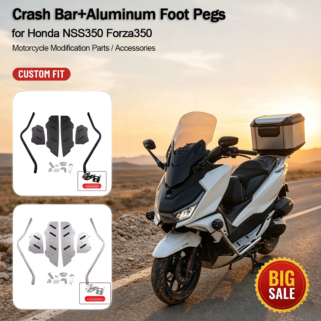 Motorcycle Crash Bar & Aluminum Foot Pegs Combo for Honda NSS350 Forza350, Stainless Steel Anti-fall Bumper Mod Accessories