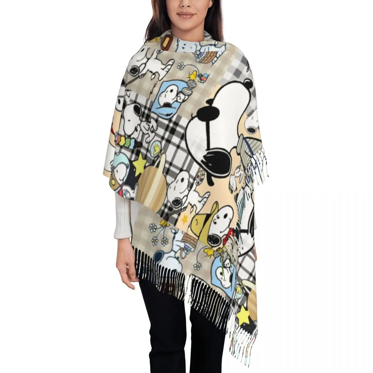 Snoopys Collage Scarf for Womens Warm Winter Pashmina Shawls and Wrap Cartoon Long Scarves with Tassel for Evening Dress