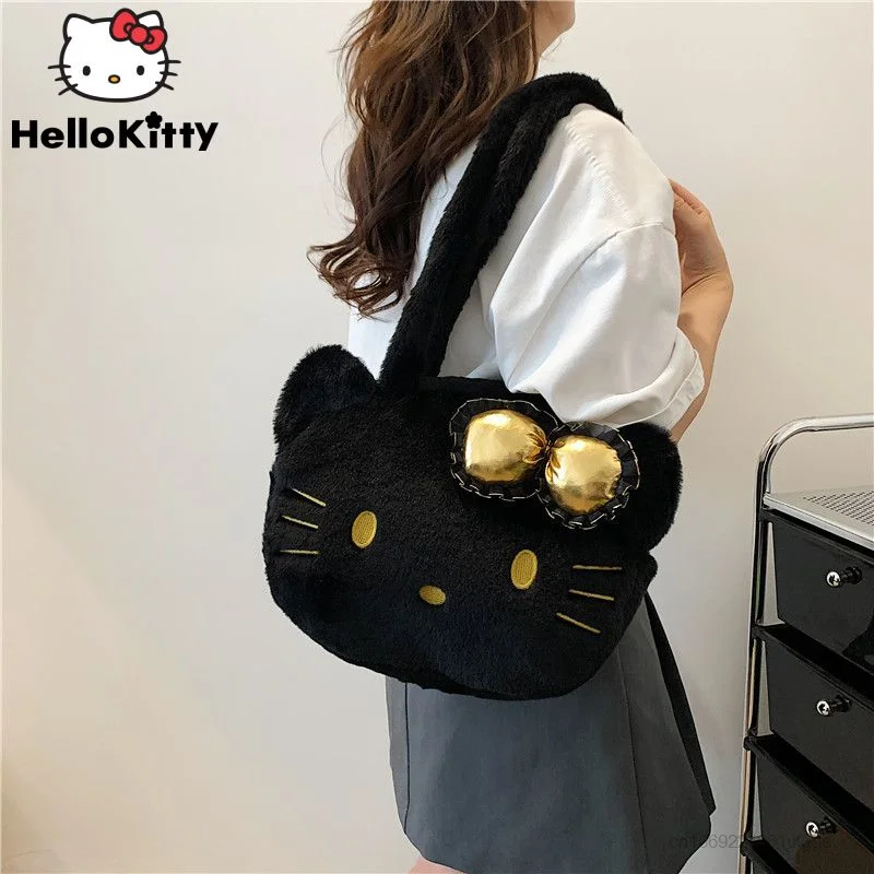 Sanrio Hello Kitty Black Plush Handbags Women Cartoon Soft Cute Bags Y2k Girl New Japan Korean Trendy Shoulder Bag High Capacity