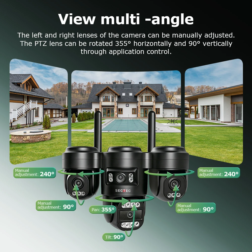 SECTEC 4G Solar Camera AOV 4 Lens 20100mAh Battery 14W Solar Panel Human Detection  Automatic Tracking 20MP PTZ Camera IP66
