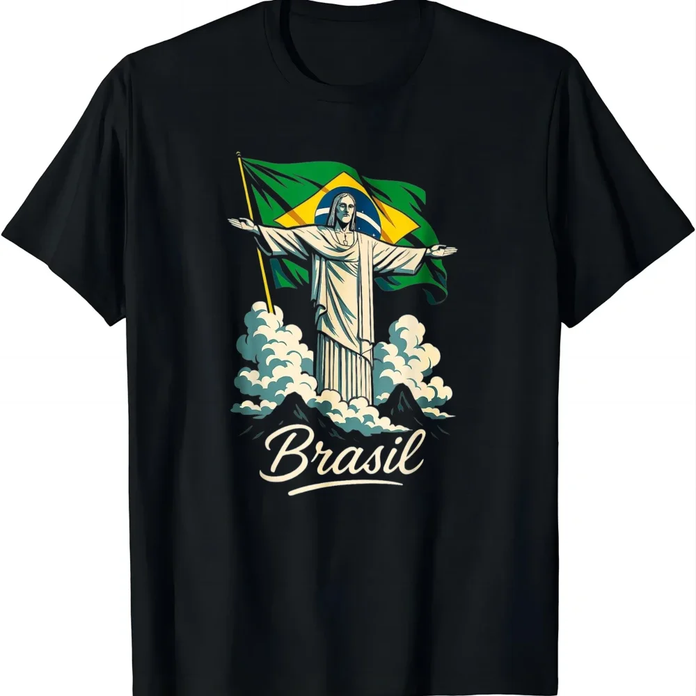 Brazil Cristo Redentor Statue and Flag Landmark Art Women T-Shirt Short Sleeves Casual Gifts Men Summer Tops Women's Clothing
