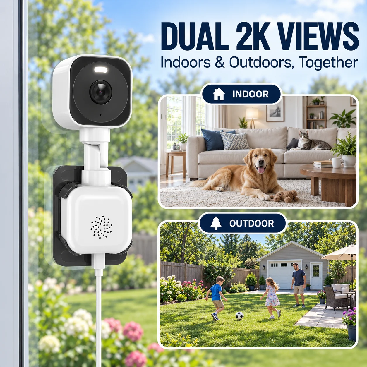 Dual-Lens Window Security Camera Dual 2K Views 2.4GHz/5GHz WiFi Indoor Outdoor Monitoring Color Night Vision Two-Way Audio