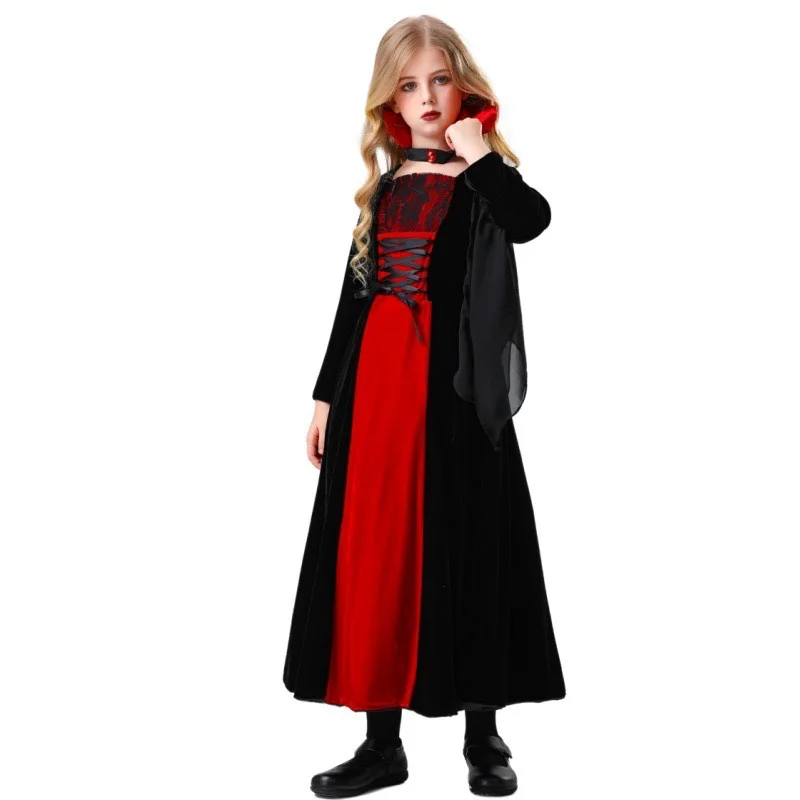 Costumes de vampire d'Halloween pour filles, robe de soirée pour enfants, magicien, sorcière, cosplay, carnaval, défilé de Pourim, scène, jeu en plis