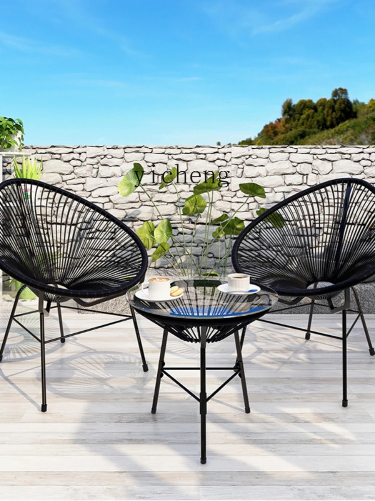 ZC Outdoor Tea Table Rattan Chair Three-Piece Leisure Lazy Bone Chair B & B Balcony Tea Table and Chair Home Recliner Sun Chair