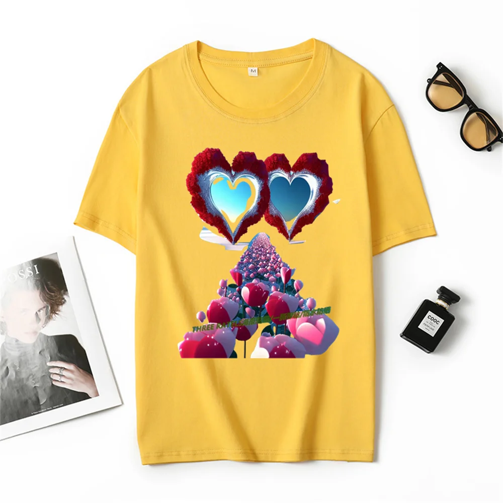 Floral heart-shaped Valentine's Day costume print Cotton short-sleeved women's T-shirt round neck loose shirt