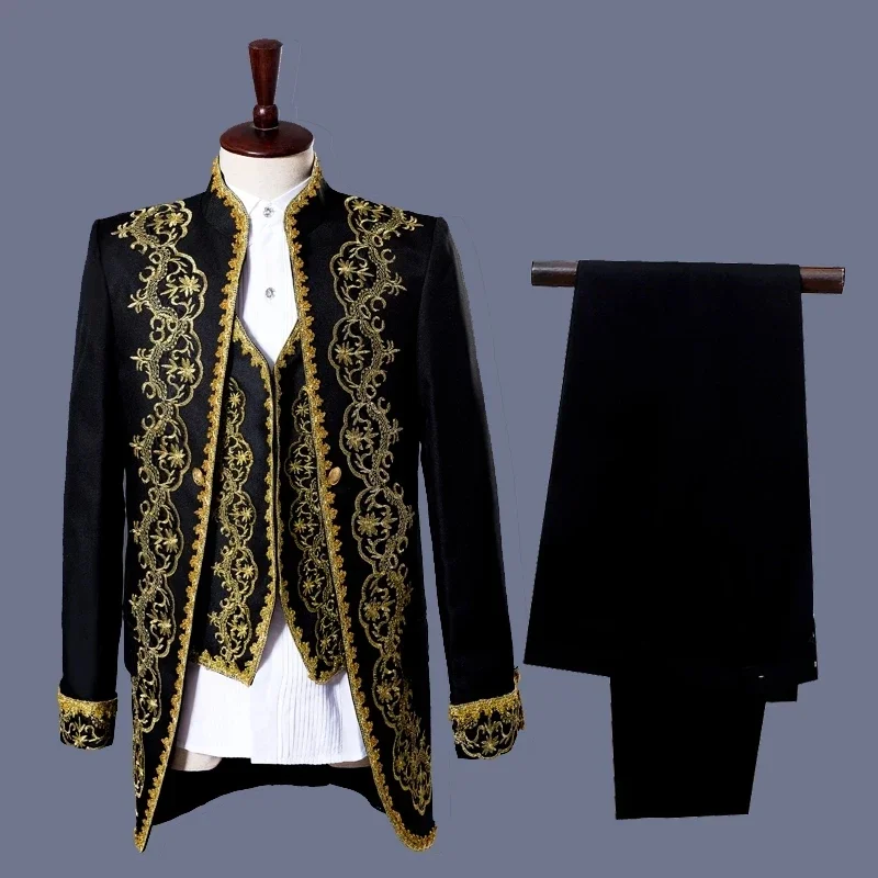 Black White Men\'s Suits Chinese style Gold Embroidery Blazers Prom Host Stage Outfit Male Singer Teams Chorus Wedding DS Costume