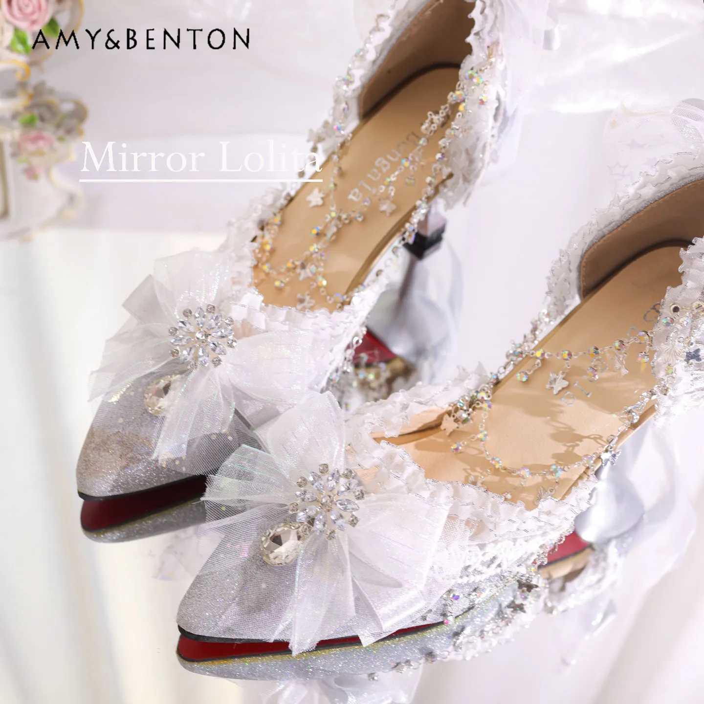 

Оригинальные свадебные туфли в стиле Лолиты с острым носком, серебряные блестящие свадебные туфли, вечернее платье, элегантные туфли на высоком каблуке-шпильке в сказочном стиле