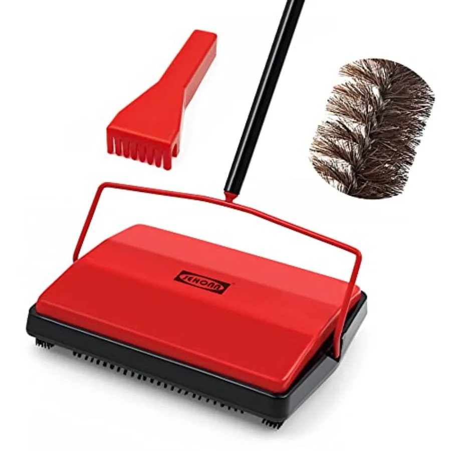 

Manual Horsehair Rug Roller Brush for Pet Hair and Loose Debris Cleaning Quiet NonElectric Floor Sweeper with Red Handle Ideal
