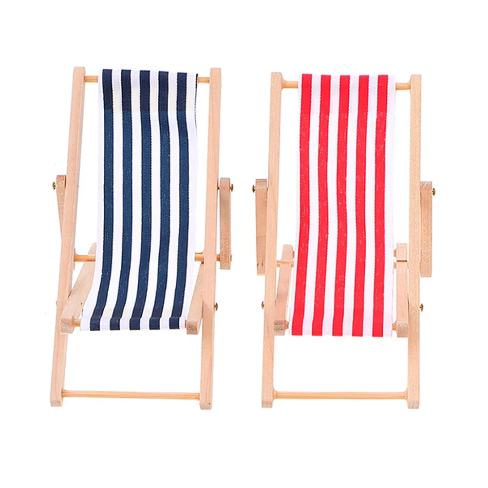 2Pcs Miniature Beach Chairs Foldable Wood Cloth Striped Design Wear-Resistant Lightweight Mini House Decoration Birthday Gifts