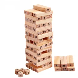 New 54 Pieces Log-coloured Digital Children's Stacked Building Blocks Wooden Tumbling Tower Game Family Garden Games Toy