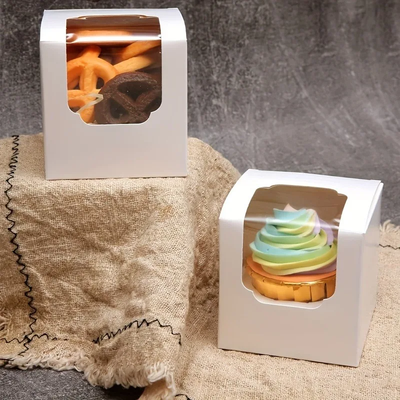 20pcs Paper Baking Box with Window, Cupcake Packaging Box, Portable Muffin Box, Egg Tart Packaging Box with Transparent Window