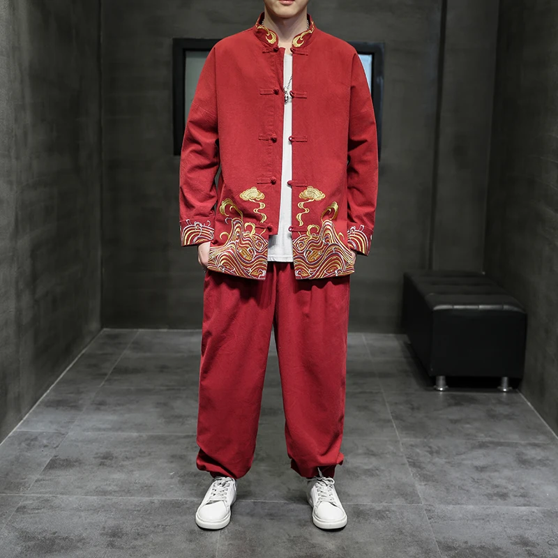 

Men Clothes 2025 Mens Track Suit Set Men Chinese Style Embroidery Cotton Jacket +Pants Men Hanfu Suit Tai Chi Sets Zhongan Suit