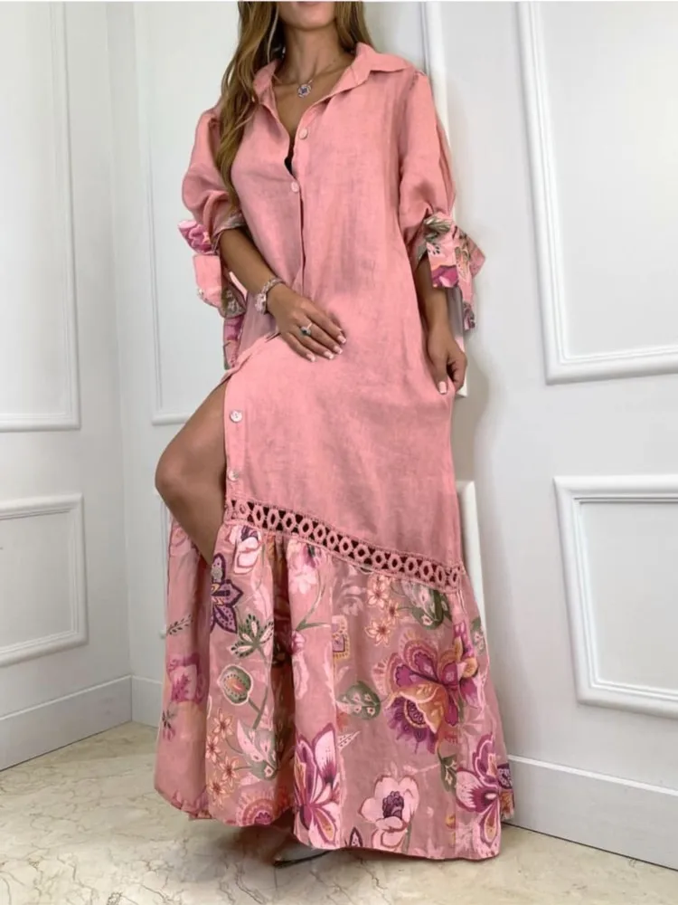 Elegant Women Lapel Neck Loose Long Dress Summer Casual Lace Patchwork Print Shirts Maxi Dress Single Breasted Beach Party Dress