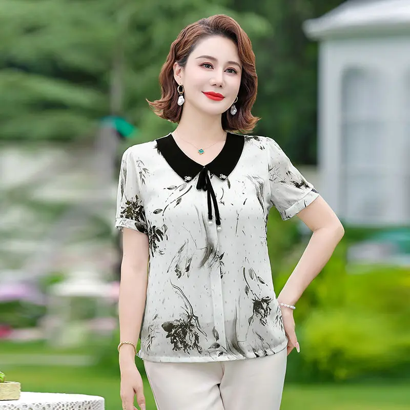 

Summer Mom's Chiffon Blouse Short Sleeve Loose Elderly New Style Top