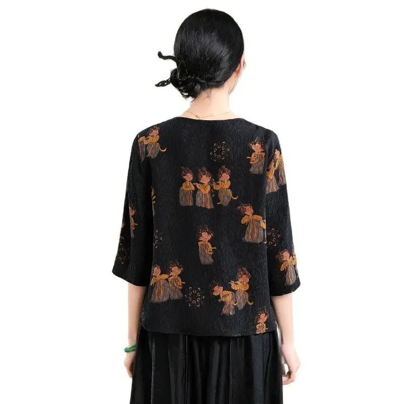 BirdTree, Watered Gauze, 100%Real Silk OL Shirts, Women Half Sleeve Cartoon, Mom Chinese Blouses, 2024 Summer New Top T44461QM