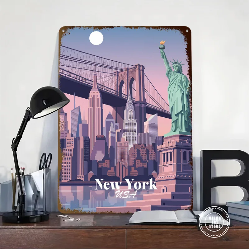 New York Cityscape Metal Poster Custom Wall Art Retro Vintage Tinplate Signs for Man Cave Home Decorations Gamer Decoration Room