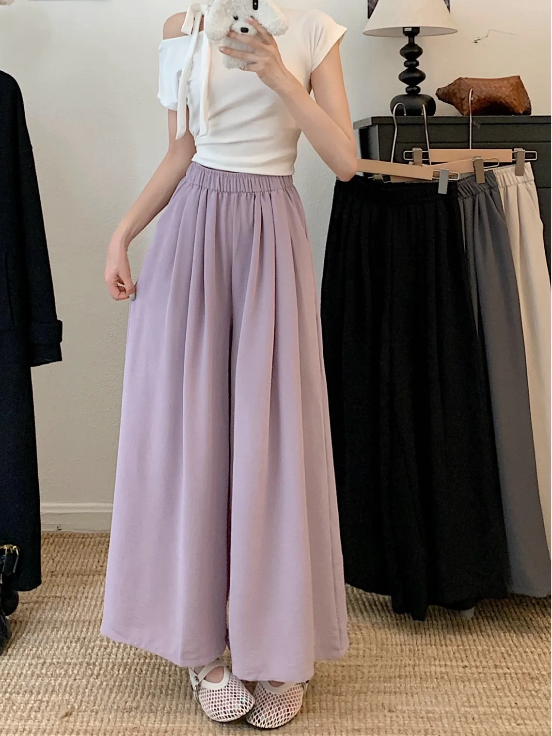 

Flowing Drapey High Waist Wide Leg Pants plus Size Casual Summer New Style Pure Color Skirt Long Pant Skirt for Plump Women