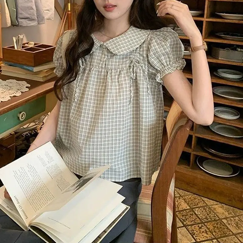 

Female Clothing Preppy Style Doll Collar Korean Shirts Vintage Plaid Summer Puff Sleeve Loose Folds Stylish Drawstring Blouse