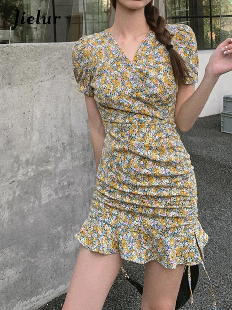 

Ruffled Pleated Dresses Women Floral V-neck Women's Dress High Waist Bodycon Dress for Women Black Yellow Summer