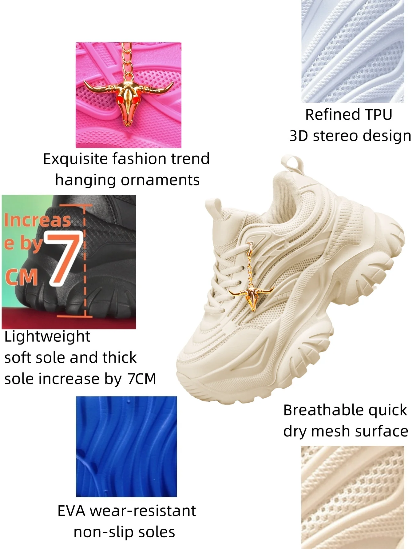 Women's Outdoor All-Season Dad Shoes, Lightweight Eva Thick Sole, 7cm Height Increase, Beige Skate Shoes, Y2K Sweet-Cool Style, Detachable Gold Bull Head Decoration view 6