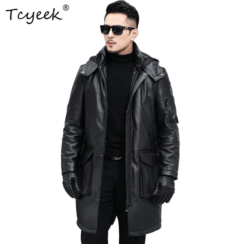 

Tcyeek Top Layer Cowskin Autumn Winter Trendy Hooded Black Medium Length Men's Genuine Leather Jacket Jaquetas Masculino 가죽자켓