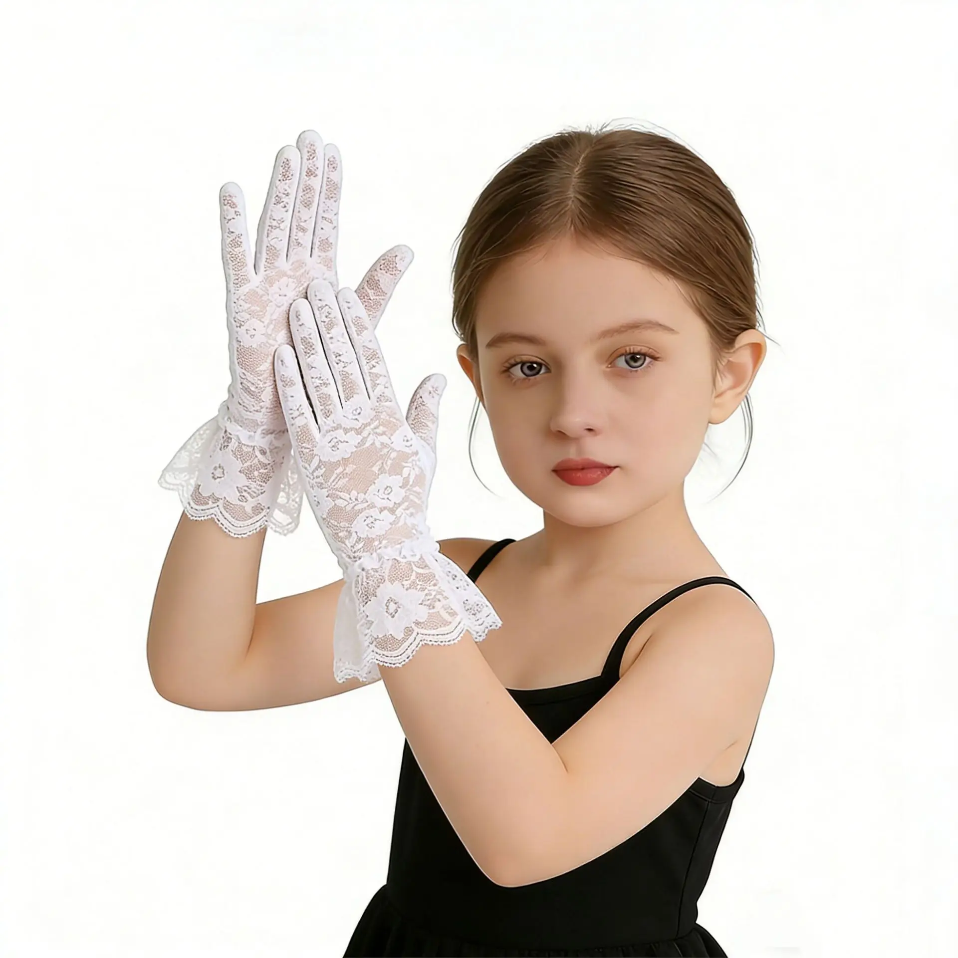 Gloves Childrens Lace Ruffle Wedding Party Costume Accessory Girls Kids Dress Up Soft Breathable Stretchy Lightweight Cozy Comfy
