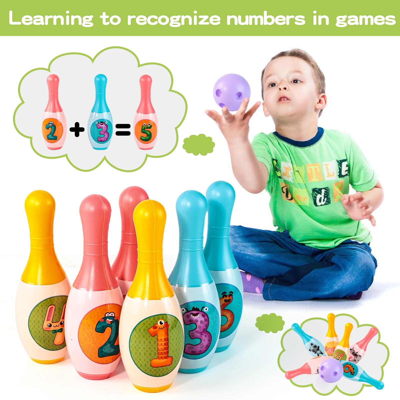 مجموعة واحدة من ألعاب البولينج التعليمية للأطفال الصغار تعلم أرقام الحيوانات ألعاب رياضية داخلية وخارجية ألعاب للأطفال هدية للأطفال