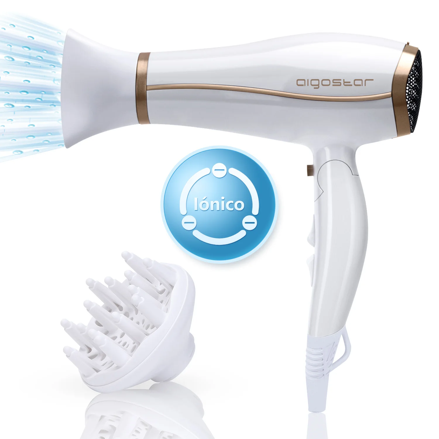 Aigostar lunar-professional ionic hair dryer from 2200 W. 2 speeds, 3 temperatures + cold air option. Foldable handle.