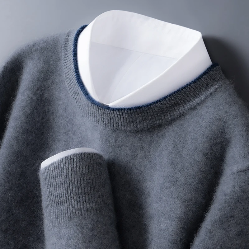 Men's Sweater Pullover Long Sleeved Autumn Winter 100% Wool Knit Sweater Loose O-Neck Collar Color Collision Simple Casual Tops