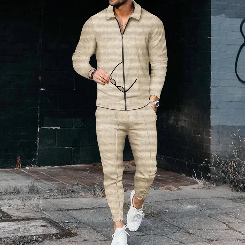 Fashion Casual Men's 2 Piece Set Autumn Waffle Fabric Zipper Cardigan Long Sleeve Lapel Top High Waist Lace-up Pants Male Suits