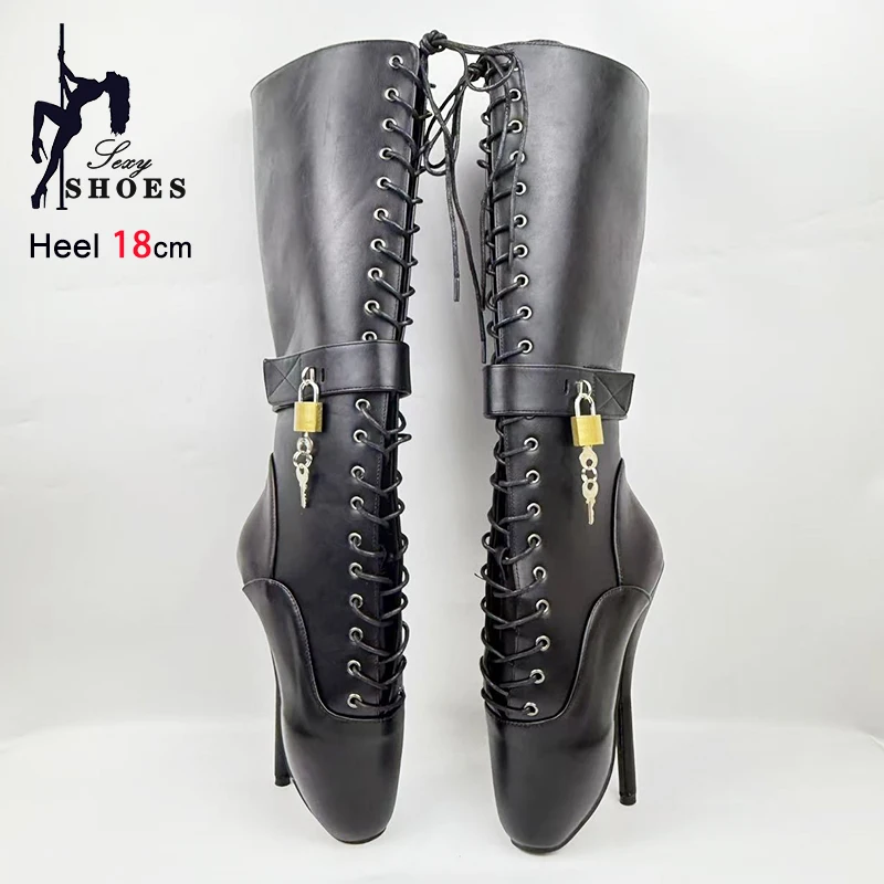

18CM/7'' Spike High Heel Ballet Boots Side Zipper Women Matte Black Exotic Shoes With Locks Keys Knee-high Boots Plus Size 36-46