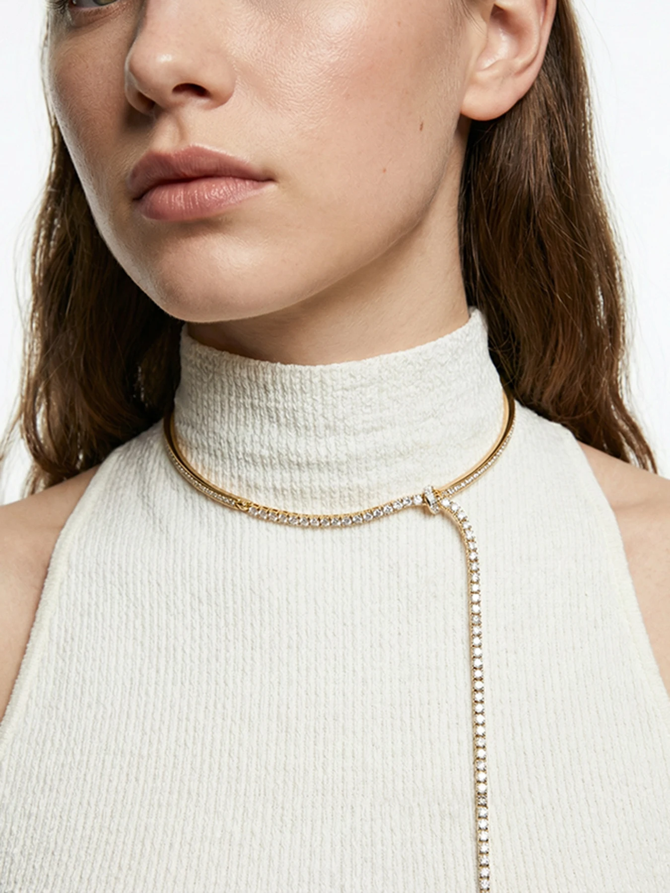 Modern Lariat Y Choker Necklace for Ladies, Gold Open Collar with Slider Clear Crystal Tennis Chain Party Statement Jewelry