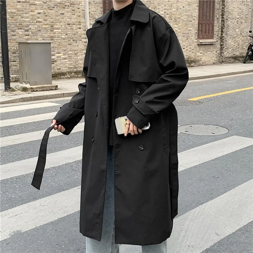 

Oversized Men Winter Coat Double Breasted Long Sleeves Lapel Buttons Keep Trendy Loose Outwear Mid Length Men Trench Coat