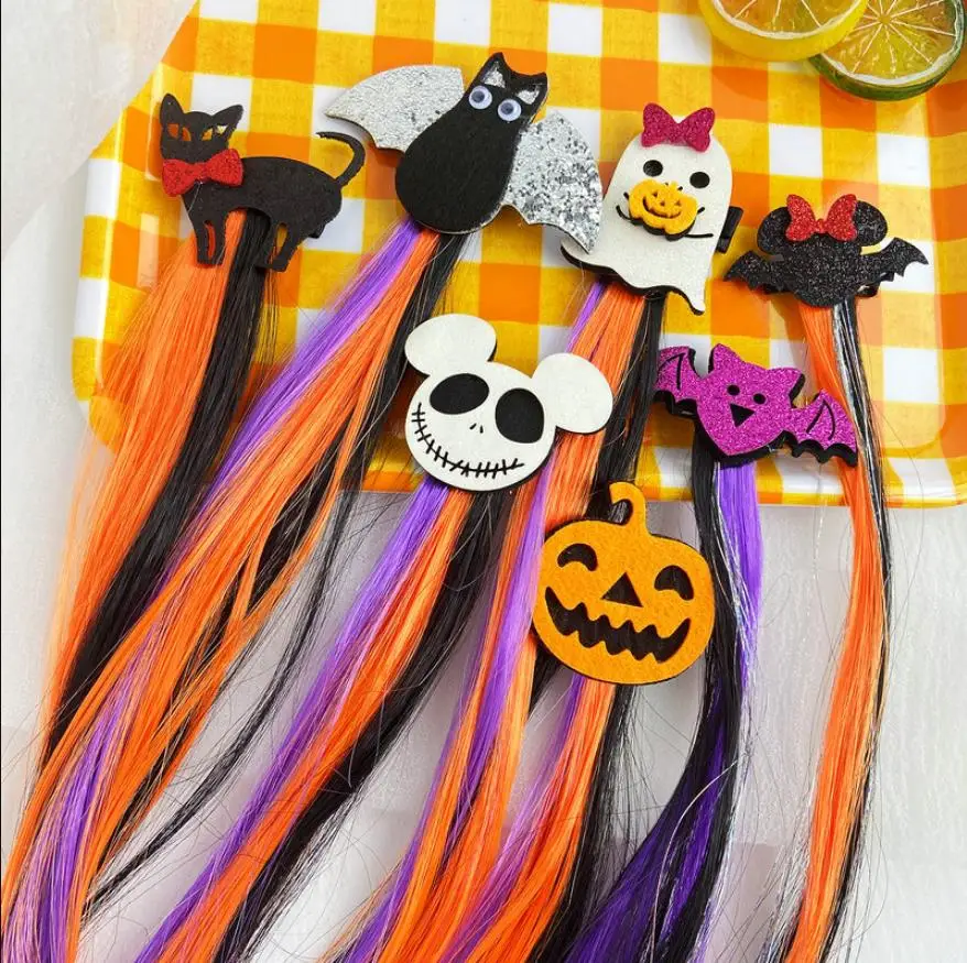 Halloween Hairclips with Hair Extensions Costume Party Decor Wig Braided Ponytails Pumpkin Ghost Bat Wing Cat Witch Hat 50pcs