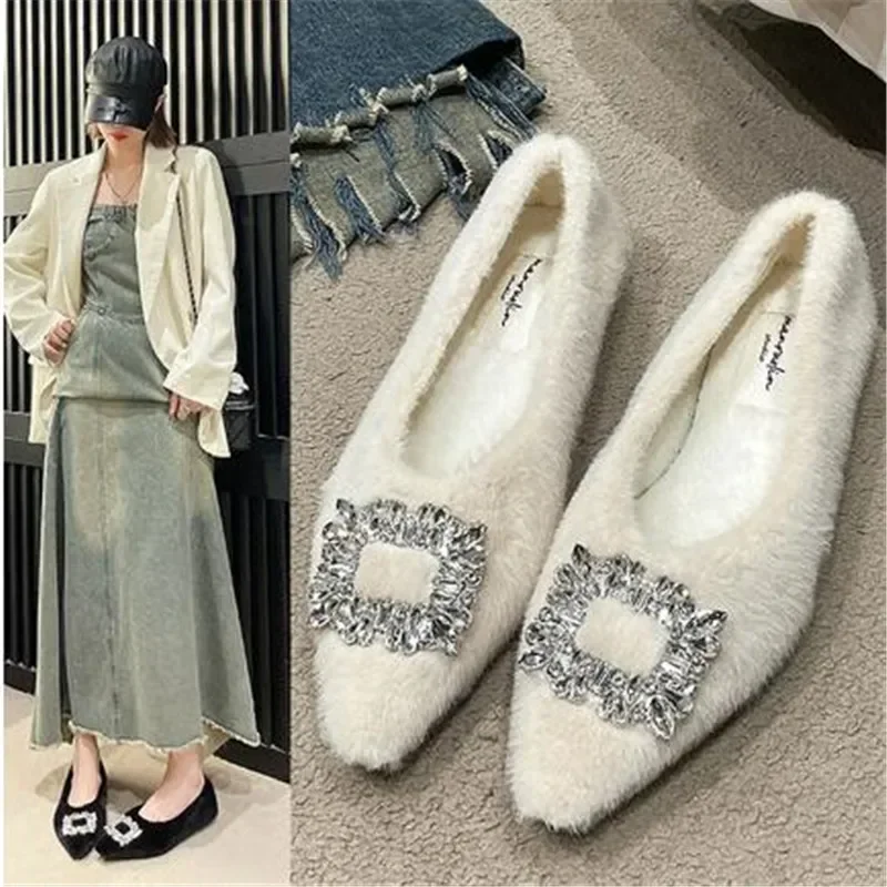 2024 Spring Autumn Women Cotton Loafer Flats Shoes Fashion Rhinestone Slip On Ladies Flats Women's Comfort Warm House Shoes