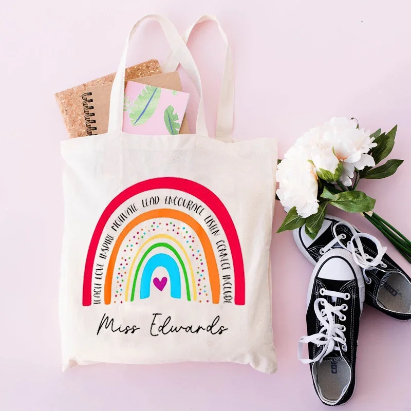 Eco Harajuku Aesthetic School Bags Teacher Gift Personalised Rainbow Teacher Shoulder Bag Custom Name Women Canvas Shopping Bag