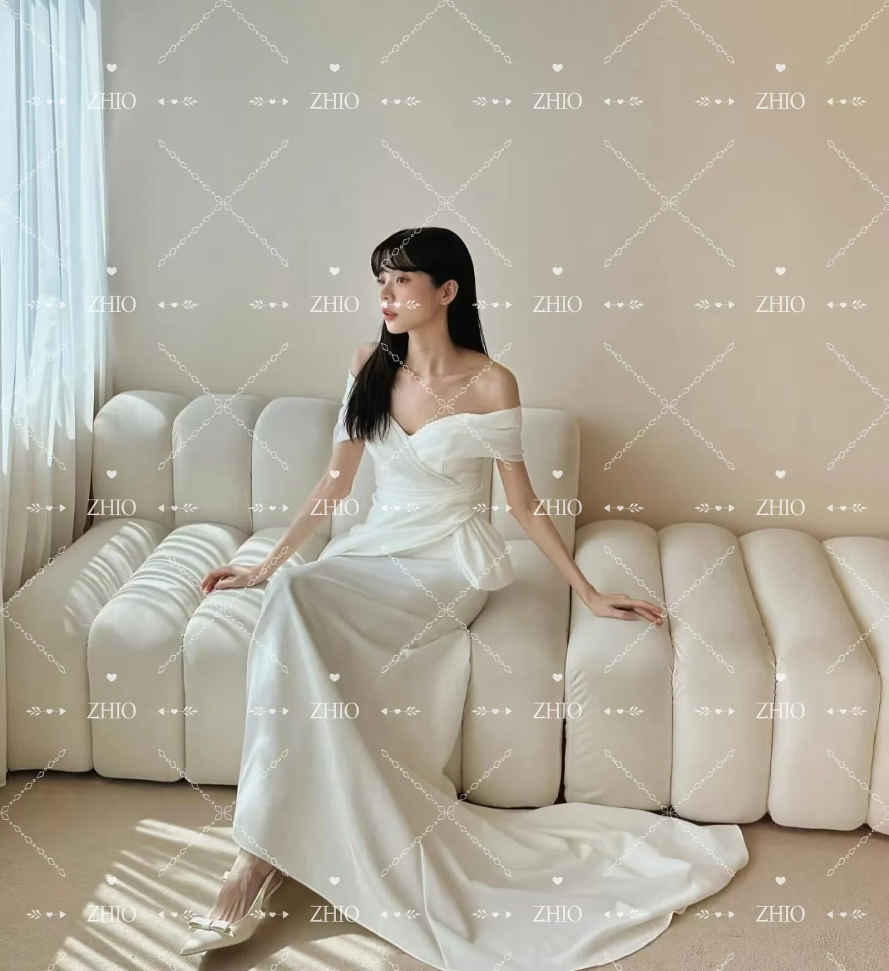 ZHIO elegante vestido de novia con hombros descubiertos, plisado de marfil, corte en A, tren de barrido, sesión de fotos de Corea, vestido de recepción nupcial personalizado