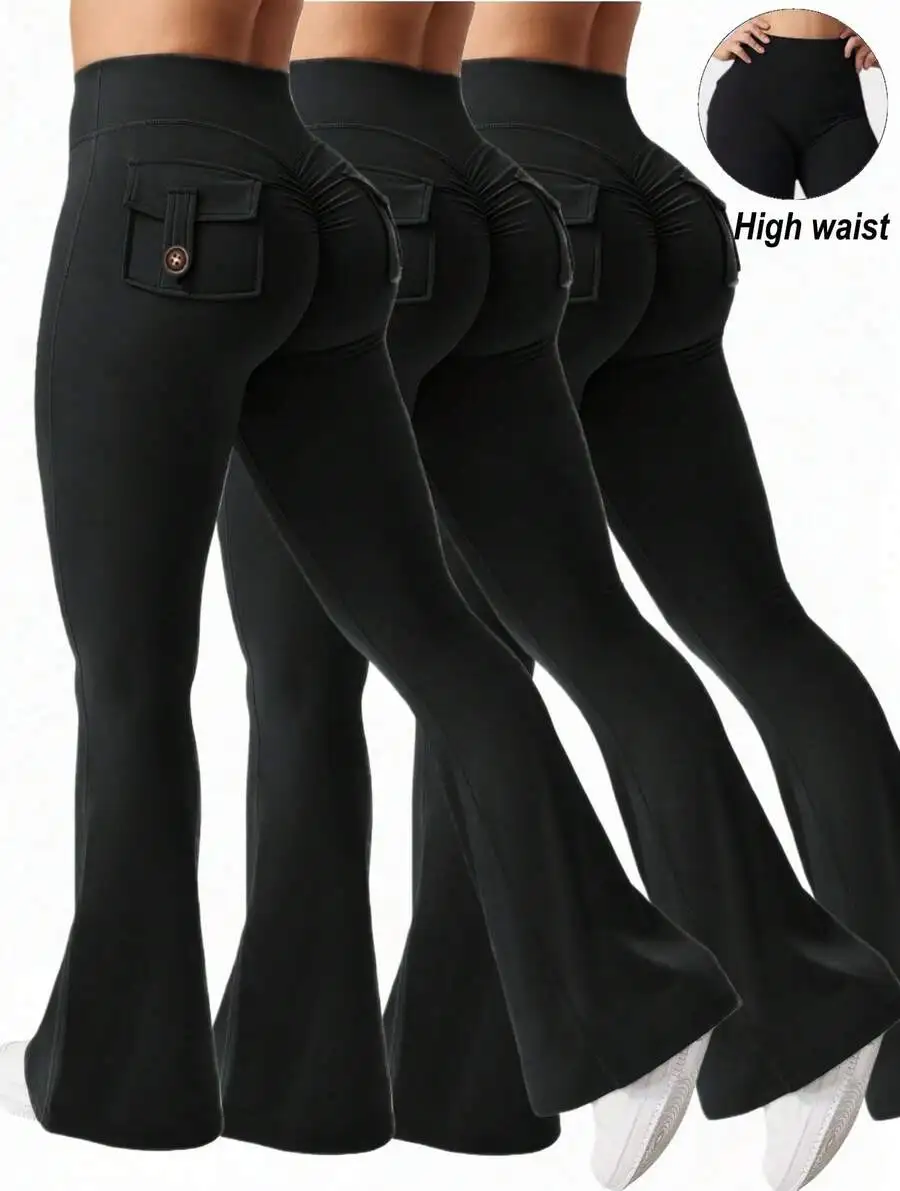 

3PCS Women High-Waisted Flared Yoga Pants With Back Pockets Butt Lifting Fitness Leggings
