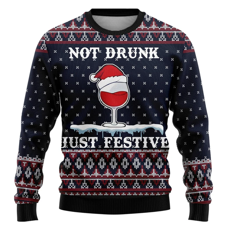 النبيذ الزجاج القبيح عيد الميلاد سترة الرجال Hot البيع ثلاثية الأبعاد الطباعة هوديي القمم الأسرة عيد الميلاد عيد ميلاد سعيد المتضخم Crewneck البلوز #5