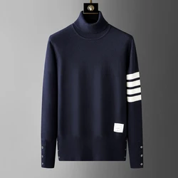 Luxury brand men's high neck knitted sweater popular autumn winter fashion striped design Korean style boutique casual pullover