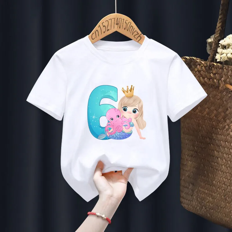 Camiseta blanca con estampado de números de cumpleaños de sirena para niño y niña, ropa divertida Harajuku Kawaii, ropa Y2K para bebé pequeño, envío